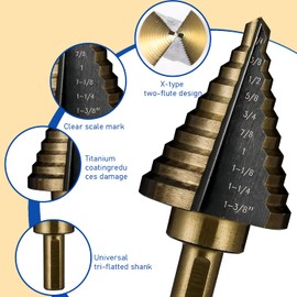 Chazcool Step Drill Bit, 5PCS HSS Titanium Step Drill Bit Set, 50 Sizes (1/8" to 1-3/8"), SAE Titanium High Speed Steel Unibit, Step Drill Bit for Metal
