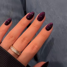 SXVME Soft Gel Press on Nails Short Oval, 30 Pcs Dark Purple Cat Eye False Nails Short Almond, Sparkly Glitter Black Fake Nails Set, Reusable Shiny Bling Stick on Nail for Women Holiday Decoration