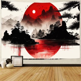 FENDROM Japanese Watercolor Black And Red Sun Tapestry, Asian Anime Mount Fuji Cherry Blossom Decorations Nature Landscape Wall Hanging for Bedroom Living Room Home Decor