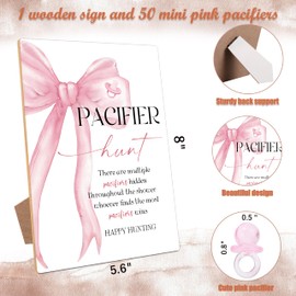 51 Pcs Pacifier Hunt Baby Shower Game, Include 1 Wood Sign and 50 Pacifiers, Pink Bow Theme Gender Reveal Games, Pink Baby Shower Decorations, Newborn Announcement Party Decor Supplies