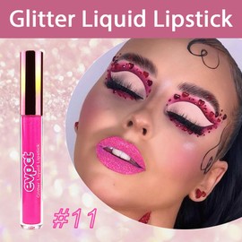 evpct 1Pcs Hot Pink Glitter Metallic Shimmer Diamond Lipstick Lip Gloss for Women Long Lasting Waterproof, Light Bright Rose Pink Sparkle Glitter Matte Liquid Lipstick Lip Makeup Kit, 11#