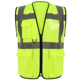 Edozos High Visibility Safety Security Reflective Vest with ID & Phone Pocket - Hi Vis Viz Zipper Front Executive Vest Waistcoat (Yellow, M)