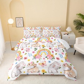 QOOMO Cartoon Cute Rabbit Soft Lightweight Bed Comforter Set Rainbow Flower Butterfly Kids Bedding Set Wildlife Rabbits 3D Quilt Set Bedroom Decoration Queen Size 1 Comforter Set 2 Pillowcases