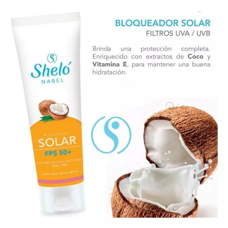 Sheló Nabel Bloqueador Solar 50+ Filtro Uva/uvb, Vitamina E, Coco,
