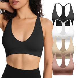 INIBUD - Brasier deportivo para mujer, cuello halter con cuello en V, espalda cruzada, minimizador, acolchado, sin costuras, para entrenamiento, D Black+white+nude+purple, S