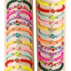 24 Pcs Fruit Clay Bracelet Set Handcrafted Stackable Colorful Beaded Jewelry