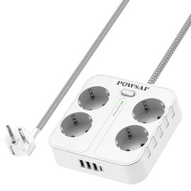 POWSAF 4 Way Power Strip with Four USB Charging Ports Wall Mounted for Home and Office - White