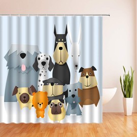 Peekaboo Cute Dogs Shower Curtain Puppy Kids Pets Animals Funny Curious Cartoon Dogs Colorful Bulldog Pug Poodle Fabric Bathroom Curtains Set 180x180cm with Hook