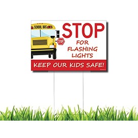 Becks Printing Stop for Flashing Lights Keep Our Kids Safe Back to School Bus Safety Yard Sign - 24 inch by 16 inch Lawn Sign with Free H Stake, Double Sided on Corrugated Plastic