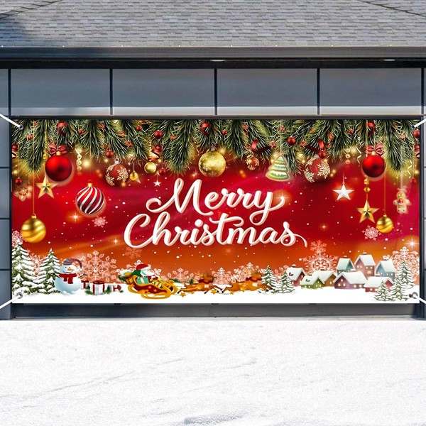 Garage Door Banner, 1.8 x 4 m Large Christmas Banner with Rope Merry Christmas Garage Door Decorations Wall Picture Background Sign for Winter Christmas Holiday Outdoor Party
