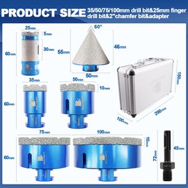 Diamond Core Drill Bit Set for Porcelain Tile Ceramic Marble Granite Drilling,BRSCHNITT 35/50/75/100mm Tile bit&1" Diamond Finger Drill bit&2" Chamfer bit&Adapter