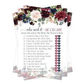 Indigo Floral Bridal Shower Games (25 Pack) He Said She Said Cards - Bride or Groom Said It - Guess Who Knows Couple Best Guessing Activity - Wedding - Engagement Party - Rehearsal - Navy and Wine