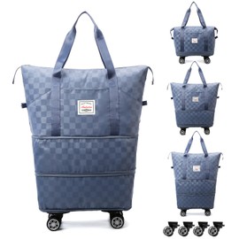 AMBESTAR Expandable Foldable Duffel Bag Suitcase, Carry on Large Luggage Bags for Travel with Spinner Wheels for Men Women Lightweight Suitcases, Checkerboard Large Weekend Bag (Blue)