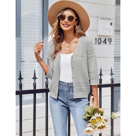 Zeagoo Women's 3/4 Sleeve Cropped Cardigan 2025 Summer Lightweight Crochet Shrug Button Down Knit Sweater Cardigans Grey
