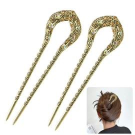 Tibapla 2 Pcs Vintage French Hair Pins, Metal Hair Fork with Crystal Rhinestone, Retro U Shaped Hair Stick Chignon for Women Girls Buns Thick Long Hair (Champagne)