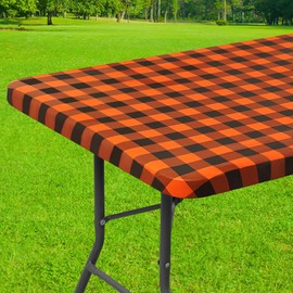 Smiry Rectangle Picnic Table Cloth, Elastic Waterproof Fitted Vinyl Tablecloth for 8 FT Tables, Flannel Backed Buffalo Plaid Table Covers for Dining, Camping, Outdoor (Black and Orange, 30" x 96")