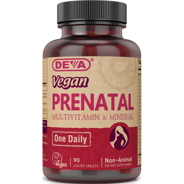 Deva Vegan Prenatal Multivitamin and Mineral Supplement - Once-Per-Day Formula - Vitamins A, C, D, E, K, B Complex, with Folate & Chelated Iron - 90 Coated Tablets, 1-Pack