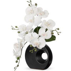 Briful Artificial Orchid Flowers in Black Modern Ceramic Vase 15.7" Tall White Faux Orchid Arrangement Silk Orchid Flower Fake Orchid Centerpiece for Home Office Room Wedding Table Décor