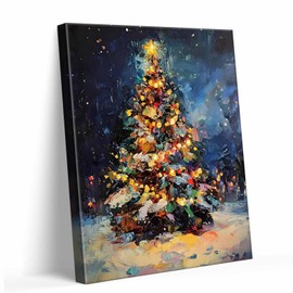 Christmas Tree Canvas Wall Art Decor - Vibrant Holiday Night Scene with Glowing Lights, 20X24 inch Snow-Covered Pine Tree Painting - Ideal Festive Decor for Living Room or Office Seasonal Decoration