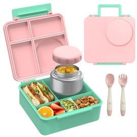 Bento Lunch Box Set for Kids with 8oz Soup Thermo, Leak-Proof Lunch Containers with 4 Compartment, Thermo Hot Food Jar and Insulated Lunch Bag for Kids to School (pale pink)