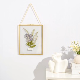 5x7 Gold Floating Picture Frames, Double Glass Hanging Frame for Pressed Flower, Vintage Brass Photo Frame with Metal Chain for Wall Mount, Small Vertical Clear Frame for Artwork Display Gallery Home