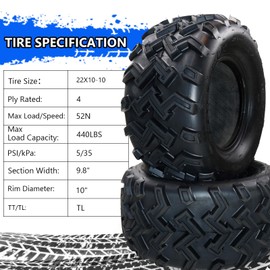 22x10-10 4PR ATV/UTV Tires, All Terrain Tires 22x10x10 Trail Sand Mud Stream Off-Road Tires, Tubeless Set of 2