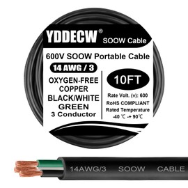 YDDECW 10ft 14/3 14 AWG Portable Power Cable (3 Conductor) - SOOW 600V 14 Gauge Electric Wire for Motor Leads, Portable Lights, Battery Chargers and Machinery - 3 Conductor - 10 Feet Electrical Cord