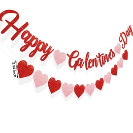 Red Glittery Happy Galentines Day Banner and Red Pink Glittery Heart Garland Banner Romantic Decorations No DIY Valentines Day Bunting Photo Props Girls Party Favors Ladies Galentines Theme Decor