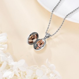 ONEFINITY Opal Locket Necklace Sterling Silver Vintage Filigree Oval Opal Photo Locket Pendant Necklace Holds Pictures Jewellery Gifts for Mom Daughter Wife