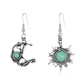 Vavhoo Boho Opal Sun and Moon Drop Dangle Earrings Moonstone Natural Stone Hook Bohemian for Women Asymmetrical Antiqued Silver Celestial Jewelry (Light Green)