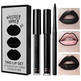 LOPHE 3Pcs Black Lip Kit Set | Matte Velvet Liquid Lipstick, Lip Gloss & Lip Liner | Waterproof, Long Lasting Makeup for Halloween, Christmas, Gothic & Cosplay | Gift Ready