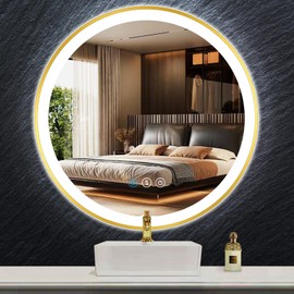 THEKLA 20 inch Gold Frame LED Round Mirror with Front Lights Smart Memory 3 Color Dimmable Anti-Fog Gold Round Lighted Vanity Mirror for Bathroom Wall 20" Golden Framed Rounds Circle Light up Mirrors