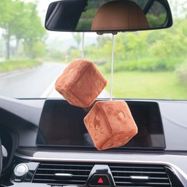 Pair 3” Fuzzy Plush Dice Heart Shape Decor for Car Rearview Mirror, Retro Square Decoration Dice for Car Hanging Accessories (Brown)
