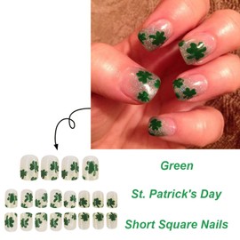 St Patrick Press on Nails Short Square Fake Nails Nude Green False Nails with Glitter Designs Lucky Clover Glossy Full Cover Glue on Nails St. Patrick's Day Acrylic Nails for Women Girls 24 Pcs