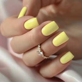 Press On Nails - Short Square False Nails With Glue - Yellow Coffin Fake Nails - Glossy Reusable Nail Tips - Acrylic Stick On nails For Women Girls Daily Wear Nail Art Diy Gift Accessories