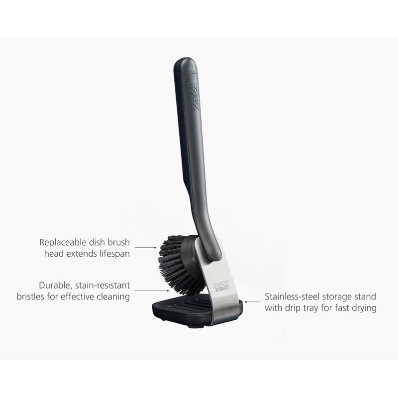 Joseph Joseph SinkTech Dish Brush with Stainless-Steel Storage Stand, Durable