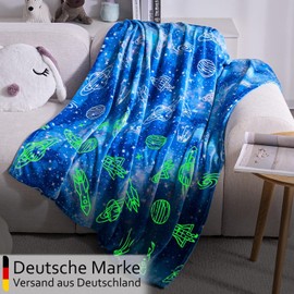 Emilie-Textil Fluffy Children's Blanket, Cuddly Blanket with Luminous Motifs such as Unicorn, Dino, Space and Gaming - Soft Fleece Blanket for Girls and Boys (Blue Space, 200 x 150 cm)
