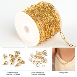 Kyutong 16.4 Feet Gold Chains for Jewelry Making 4MM Wide Paperclip Chain Roll Stainless Steel Chains Bulk for Women Men Making Craft with Jewerly Clasps