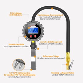 Oasser Digital Tyre Pressure Gauge, Tyre Inflator, 255 PSI Tyre Pressure Gauge, US & EU Standard Connection, for Car, Motorcycle, Bicycle, Multipurpose Packaging