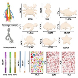 9 Pieces Sea Animal Wind Chimes Set, Creative Cartoon Hanging Decorations Outdoor Creative DIY Wind Chimes Set, Wooden Sea Animal Paintings, Used for Windows and Gardens