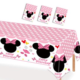 Nyhpar 3 Packs Pink Mouse Tablecloth, Pink Polka Dot Table Cloths Disposable Plastic Cartoon Table Covers for Girls 1st 2nd 3rd Party Decorations Supplies, 86.6 x 51.2in