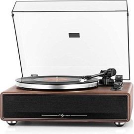 1 BY ONE High Fidelity Belt Drive Turntable with Built-in Speakers, Vinyl Record Player with Magnetic Cartridge, Wireless Playback and Aux-in Functionality, Auto Off