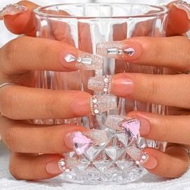 Sethexy French Long Coffin False Nails Handmade Rhinestone Glitter Fake Nails Press On Nails Glossy Acrylic Sparkle Stick On Nails for Women and Girls (E)