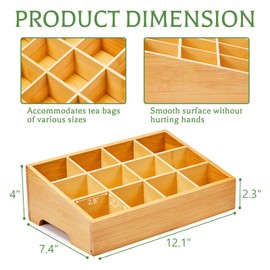TIMIEEYA Tea Bag Organizer - Bamboo Tea Storage Organizer With 12 Compartments, 1 Layer Tea Organizer for Tea Bags Natural Bamboo for Countertop Office Kitchen Cabinet Pantry