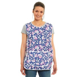 Ladies Floral Design With Piping Tabard Apron Overalls Front Pocket Stylish Tabards For Women Casual Aprons For Women Use in Home Kitchen Restaurants Coffee Shops UK Made (L, Navy)