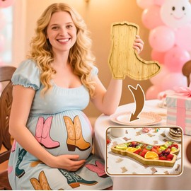 1PCS Wooden Cowboy Baby Shower Decoration Boots Charcuterie Boards Boots or Bows Gender Reveal Supplies Tableware First Rodeo Birthday Serving Tray Fillable Food Platter for Western Party Cowgirl Gift