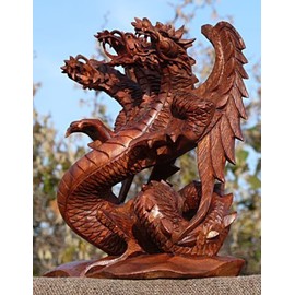 Wogeka 20 cm Three Head Lucky Dragon Wooden Dragon FENG Shui