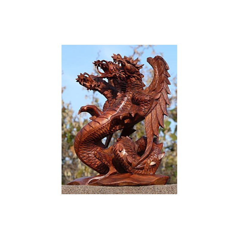 Wogeka 20 cm Three Head Lucky Dragon Wooden Dragon FENG
