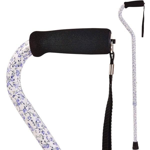 DMI Adjustable Designer Cane with Offset Handle, Comfort Grip and Strap, Tiny Flowers, FSA and HSA Eligible