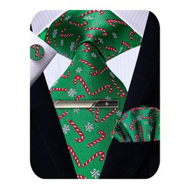 ROBERTO GABBANI Mens Red and Green Christmas Tie and Pocket Square Set, Silk Tie Handkerchief Cufflinks and Clip Set for Men